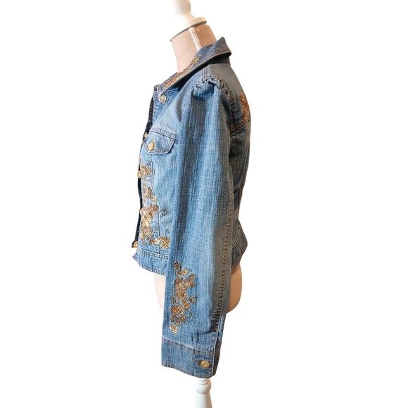 CE Embroidered Sequin Denim Jacket Gold Medium Wash Glam Coachella   Womans - Picture 6 of 12